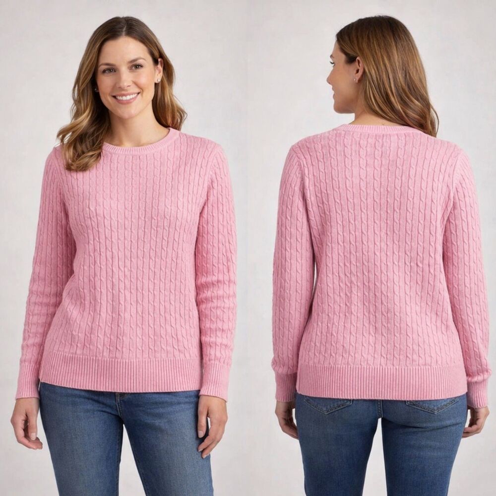 Kim Rogers Pink Cable Knit Sweater XL 100% Cotton Crewneck Preppy Classic